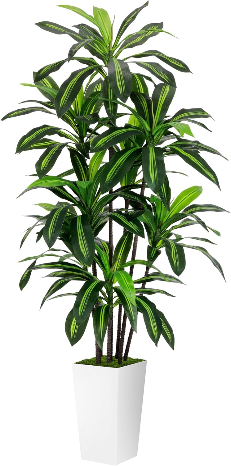 Artificial Dracaena Plant Indoor 5FT - Fake Tree with White Tall Planter - Faux Yucca Tall Fake Floor Plant in Pot - Artificial Trees for Home Office Living Room Decor Indoor
