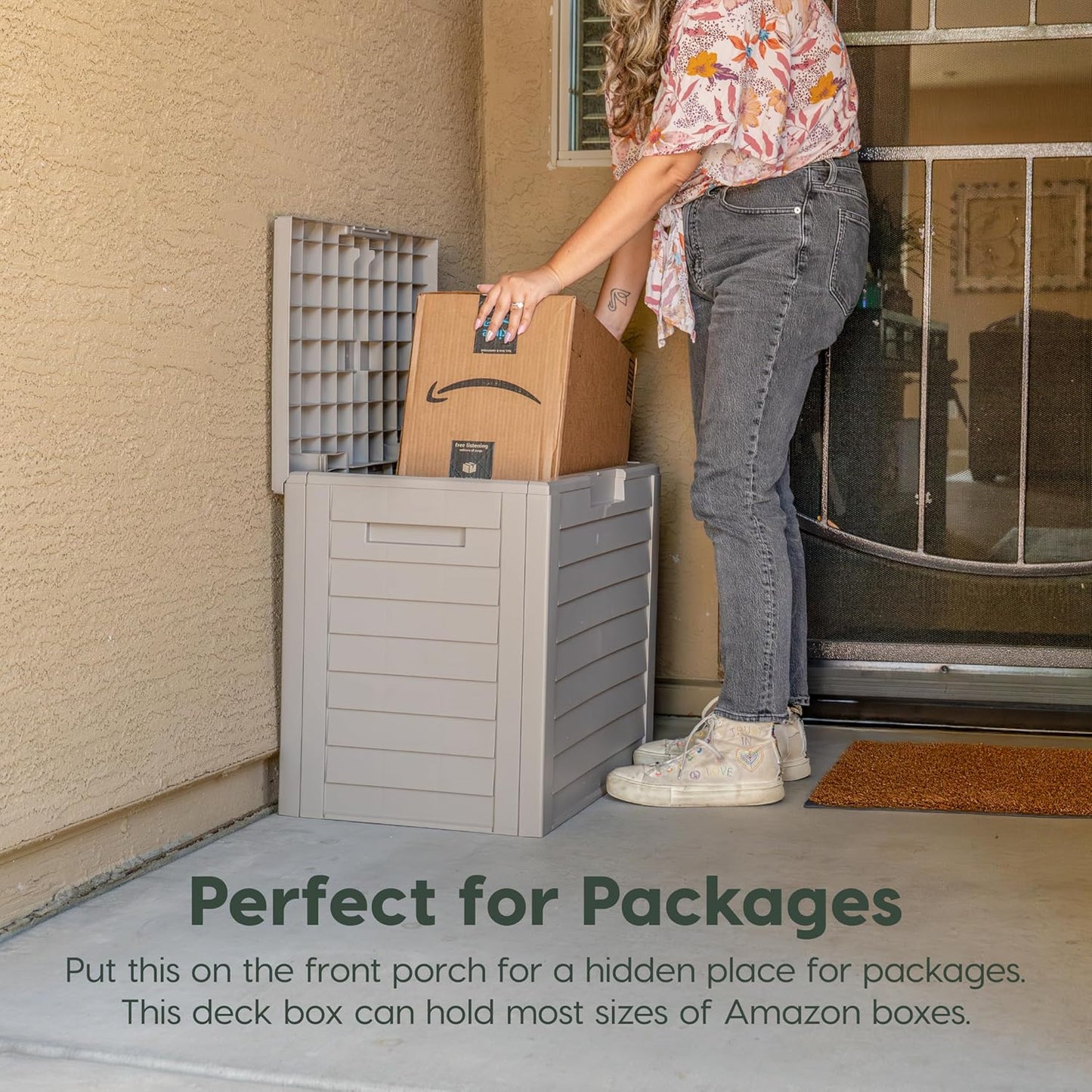 IRIS USA 35-Gallon Outdoor Deck Storage Box, Lockable & UV-Protected, Weather-Resistant Patio Storage for Cushions, Garden Tools & Packages, Waterproof Resin, Durable & Stylish Design - Beige