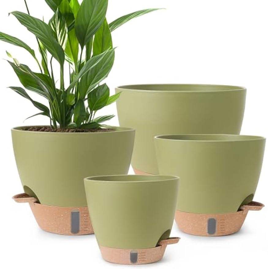 Plant Pots,12/10/9/8/ Inch Large Plastic Self Watering Flower Pots Indoor Outdoor with Drainage Holes, Deep Reservoir,Nursery Planting Pot for Indoor Out Door Plants