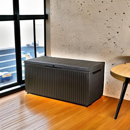 Keter Springwood 80 Gallon Resin Outdoor Storage Box for Patio Furniture Cushions, Pool Toys, and Garden Tools with Handles, Brown