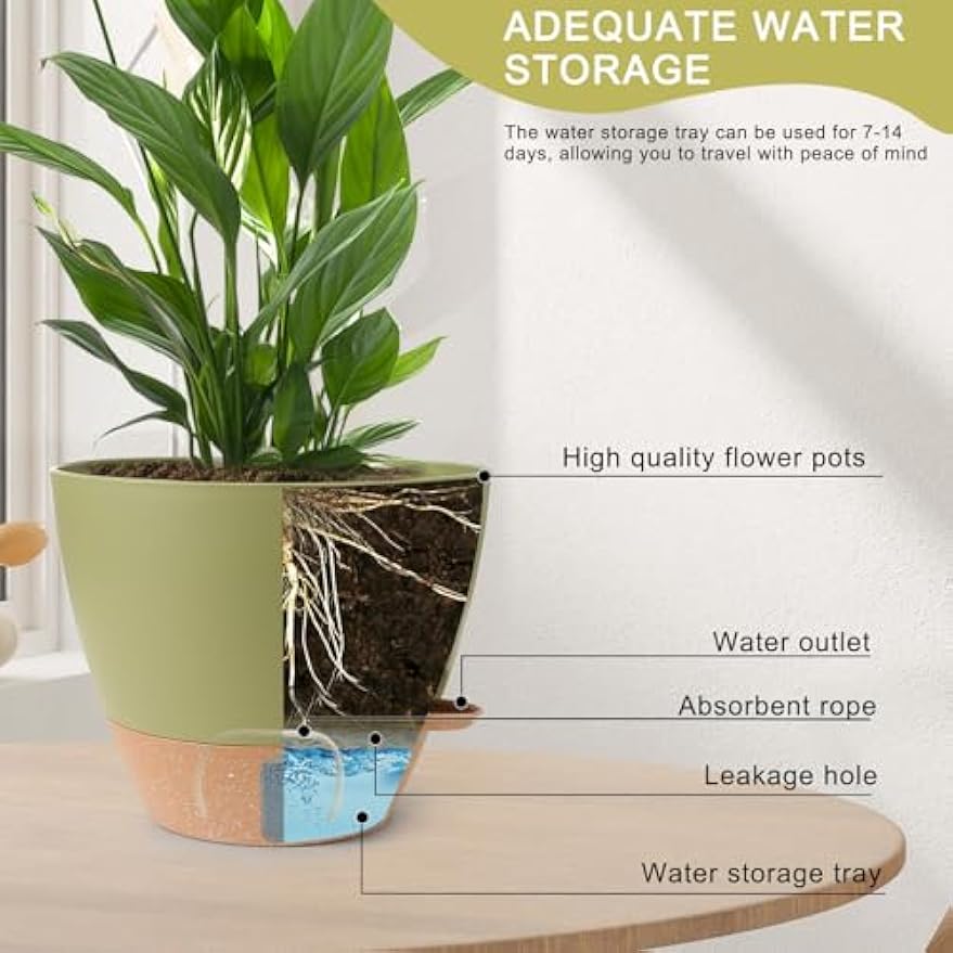 Plant Pots,12/10/9/8/ Inch Large Plastic Self Watering Flower Pots Indoor Outdoor with Drainage Holes, Deep Reservoir,Nursery Planting Pot for Indoor Out Door Plants