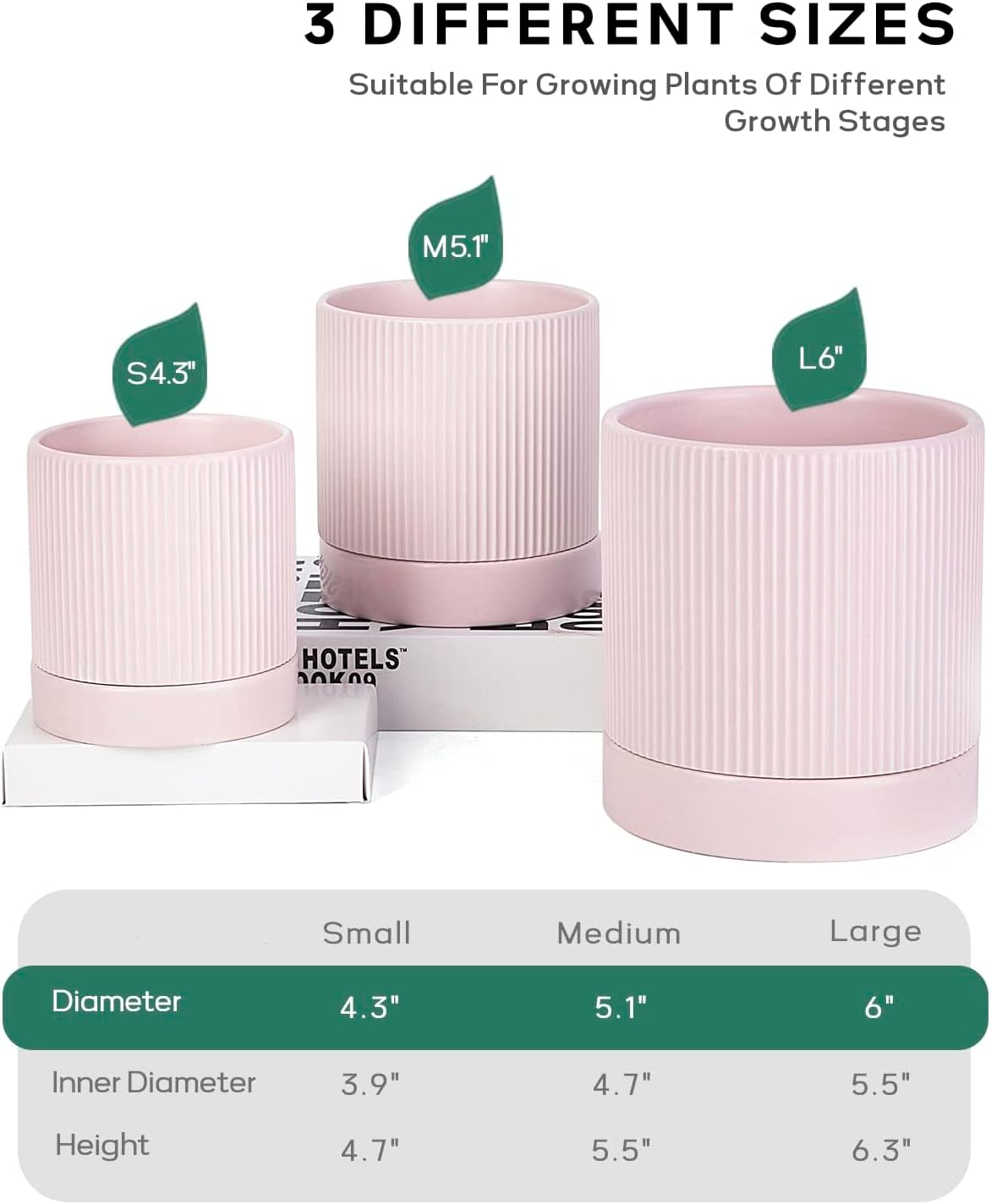 LaDoVita 3 Pack Ceramic Plant Pots 6/5/4 inch, Flowerpot for Indoor Plants with Drainage Holes and Tray, Outdoor Garden Planters, Modern Decorative for Home, Pink Vertical Stripes