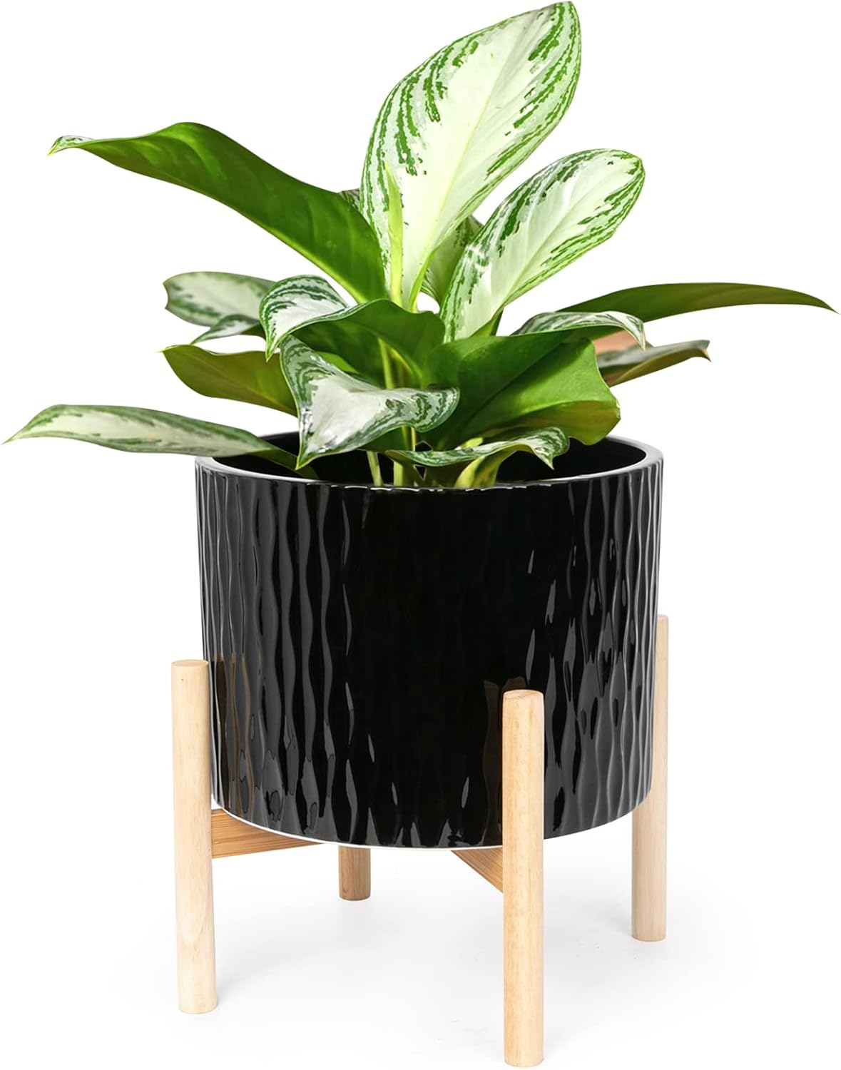 LaDoVita Ceramic Plant Pot with Stand, 10 Inch Planter with Wood Shelf, Modern Round Flower Pots Indoor with Wood Planter Holder, White Water Ripple Pattern