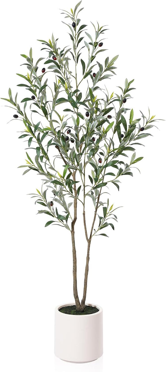 LOMANTO Artificial Olive Trees, 5 ft Tall Fake Olive Trees for Indoor, Faux Olive Silk Tree, Large Olive Plants with White Planter for Home Decor and Housewarming Gift, 1 Pack