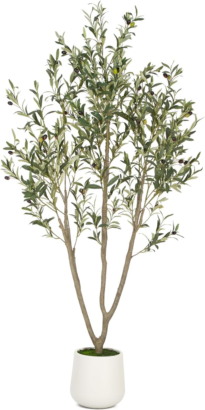 Olive Trees Artificial Indoor, 5FT Tall Faux Olive Tree with White Tall Planter, Artificial Plants with Natural Wood Trunk and Lifelike Fruits for Home Office Decor