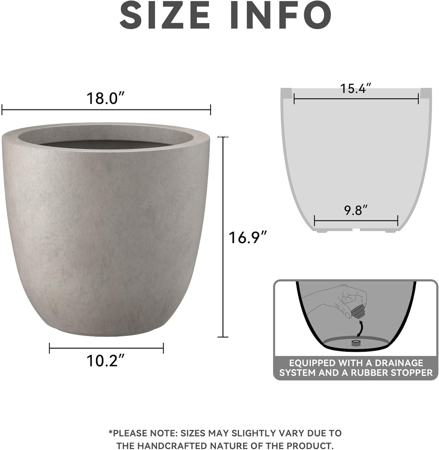 Kante 18 Inch Dia Round Concrete Planter, Indoor Outdoor Large Plant Pot with Drainage Hole and Rubber Plug for Home Patio Garden, Weathered Concrete