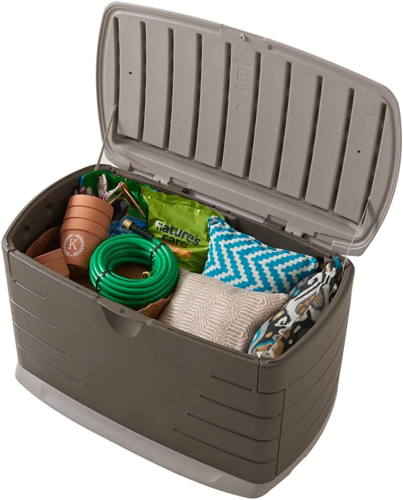 Rubbermaid Medium Resin Outdoor Storage Deck Box (73 Gal), Weather Resistant, Brown, Deck Organization for Home/Backyard/Pool Chemicals/Toys/Garden Tools/Porch/Patio Cushions