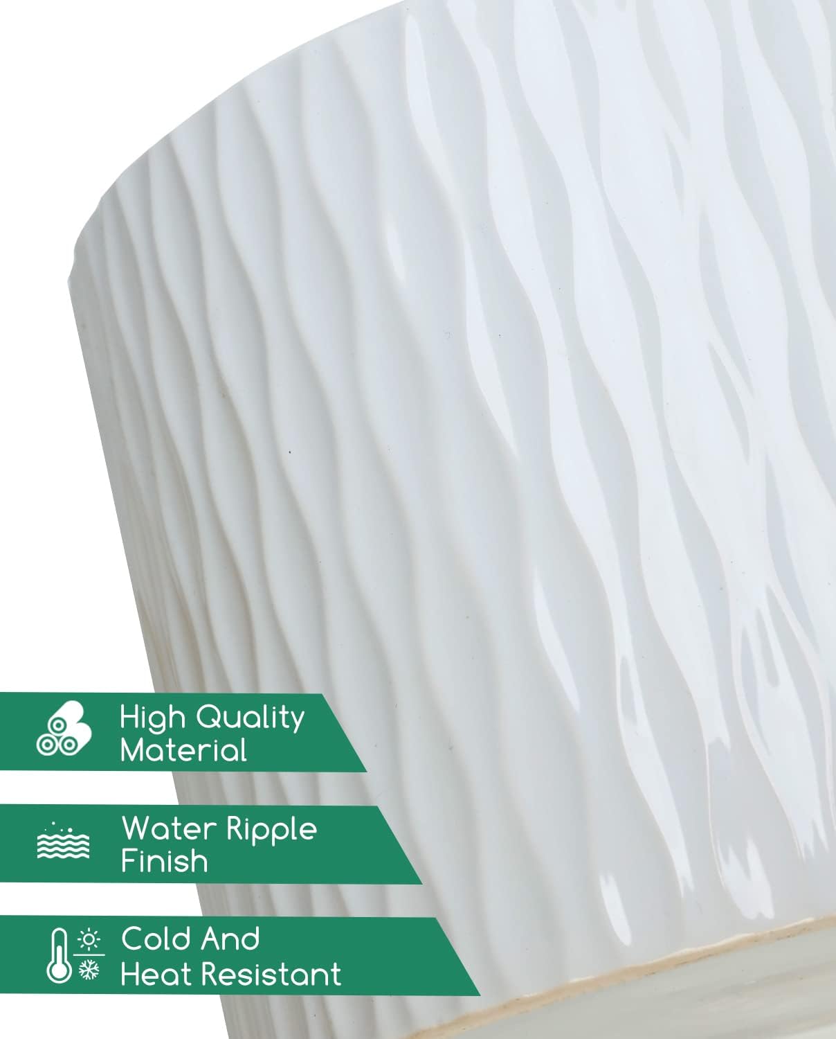 LaDoVita Ceramic Plant Pot with Stand, 10 Inch Planter with Wood Shelf, Modern Round Flower Pots Indoor with Wood Planter Holder, White Water Ripple Pattern