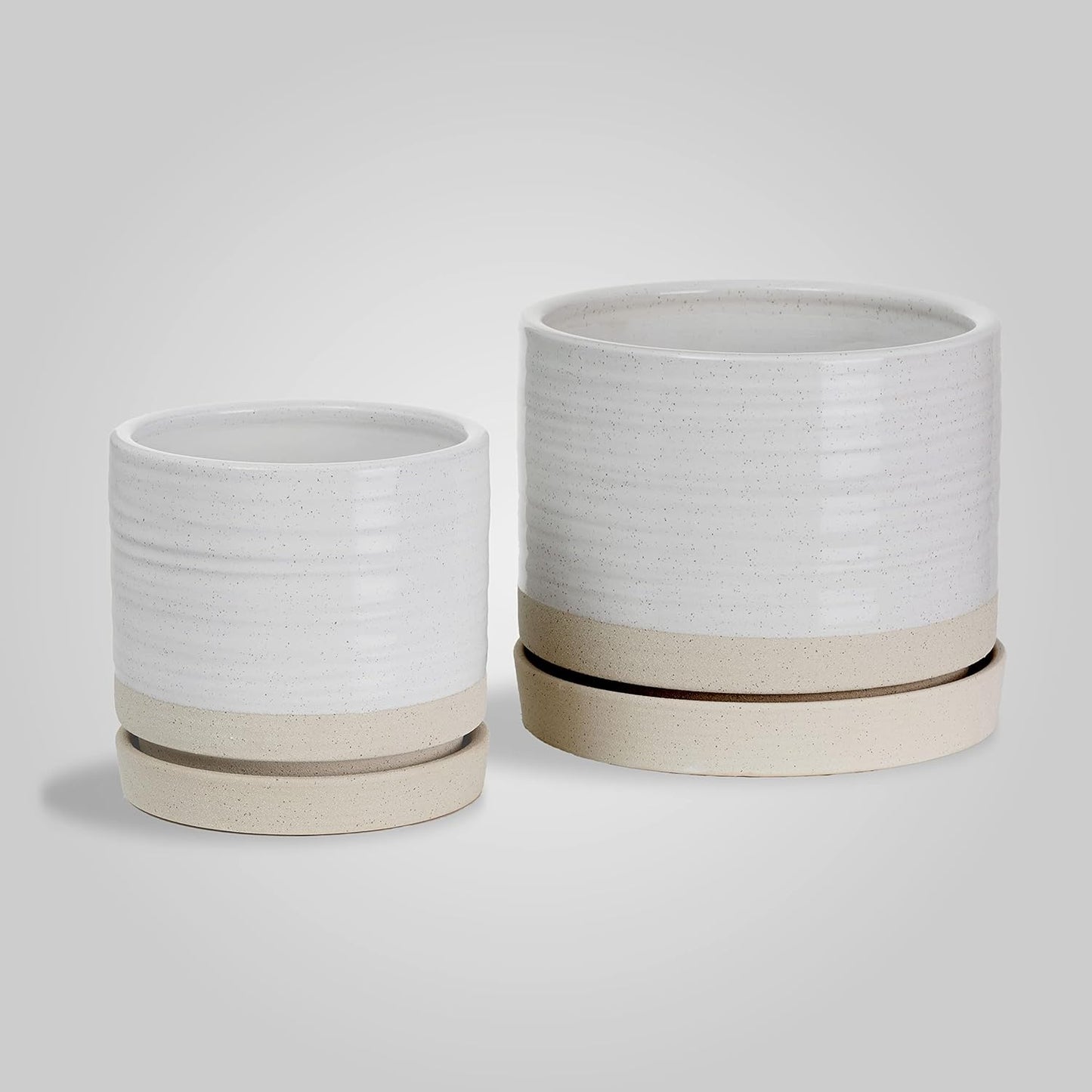 6 Inch Plant Pots, Ceramic Planter Pot with Drainage Hole & Saucer, Indoor/Outdoor Cylinder Round Planter Pot, Green & Beige