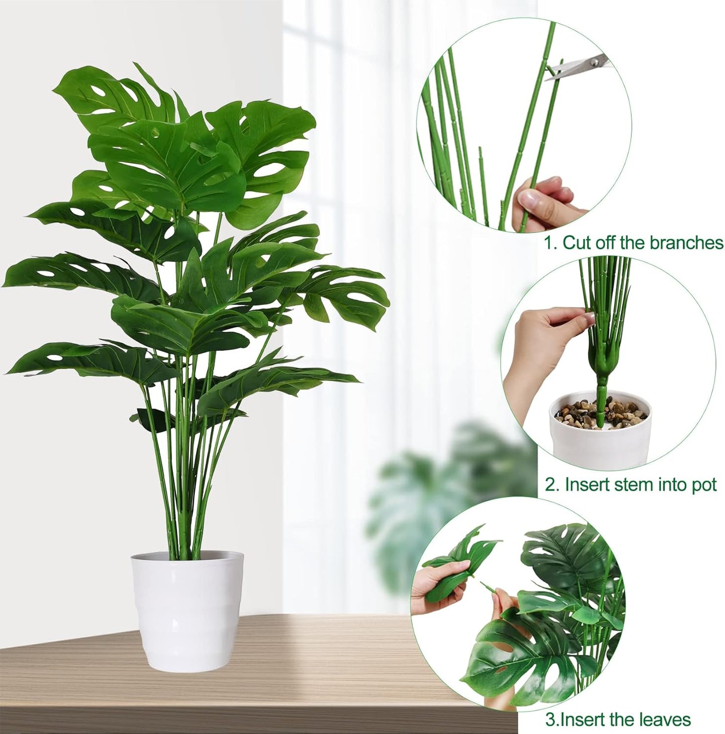 SAJANDAS Set of 2 Artificial Monstera Deliciosa Plants in Pots, Fake Tropical Palm Tree with Greenery Leaves Stems, 28 Inch Artificial Cheese Plant for Home Bathroom, Office, Windowsill Decor