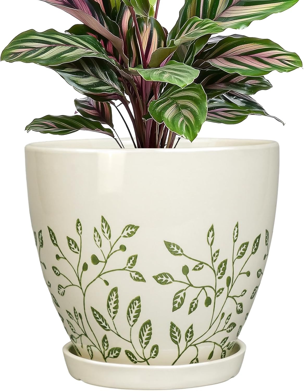 Ceramic Plant Pot 6.8 Inch - Indoor Flower Pot with Drainage Hole and Saucer, Decorative Boho Round Outdoor Indoor Planter, Plant Lover Gifts, Office Home Garden House Decor, White