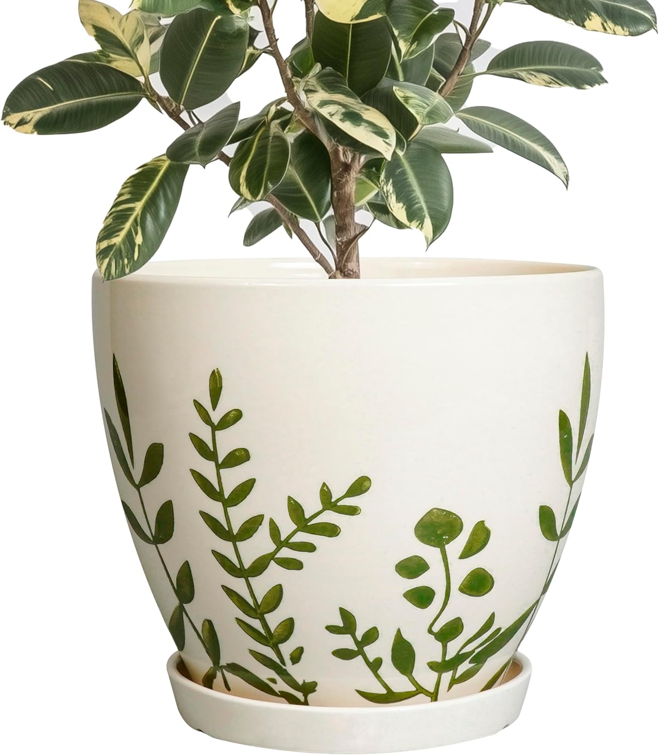 Ceramic Plant Pot 6.8 Inch - Indoor Flower Pot with Drainage Hole and Saucer, Decorative Boho Round Outdoor Indoor Planter, Plant Lover Gifts, Office Home Garden House Decor, White