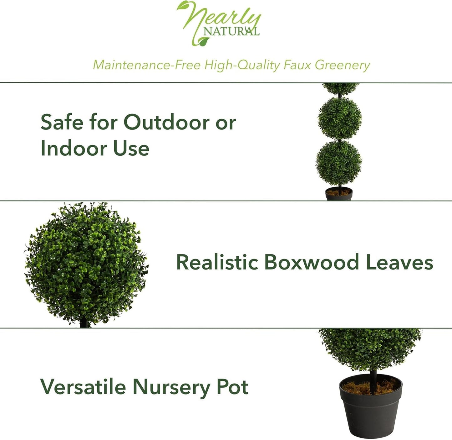 Nearly Natural 3ft. Artificial Triple Ball Boxwood Topiary Tree (Indoor/Outdoor) T2021, Green