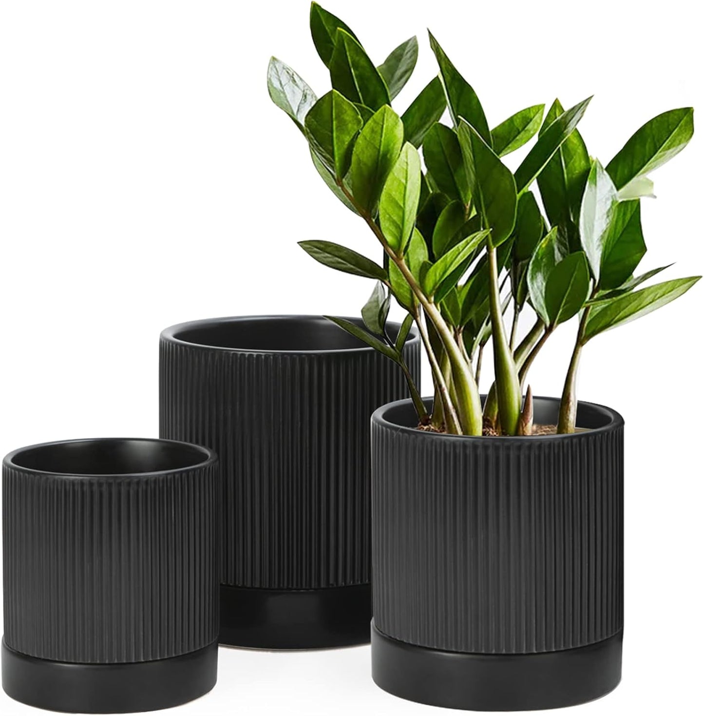LaDoVita 3 Pack Ceramic Plant Pots 6/5/4 inch, Flowerpot for Indoor Plants with Drainage Holes and Tray, Outdoor Garden Planters, Modern Decorative for Home, Pink Vertical Stripes