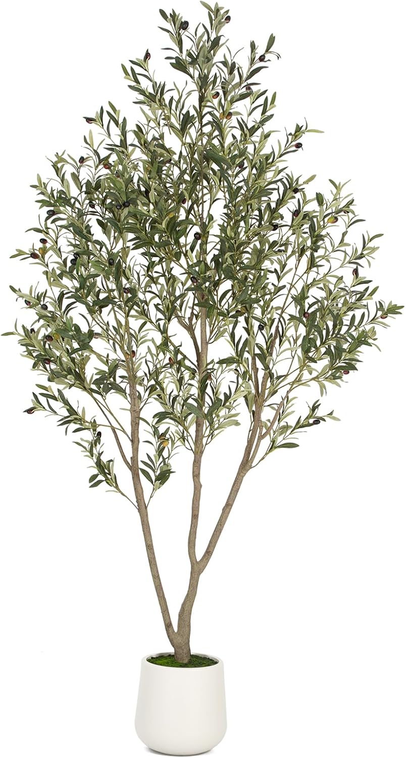 Olive Trees Artificial Indoor, 5FT Tall Faux Olive Tree with White Tall Planter, Artificial Plants with Natural Wood Trunk and Lifelike Fruits for Home Office Decor