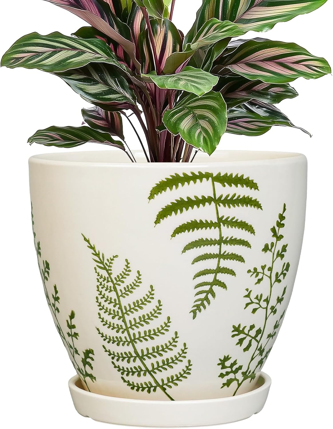 Ceramic Plant Pot 6.8 Inch - Indoor Flower Pot with Drainage Hole and Saucer, Decorative Boho Round Outdoor Indoor Planter, Plant Lover Gifts, Office Home Garden House Decor, White