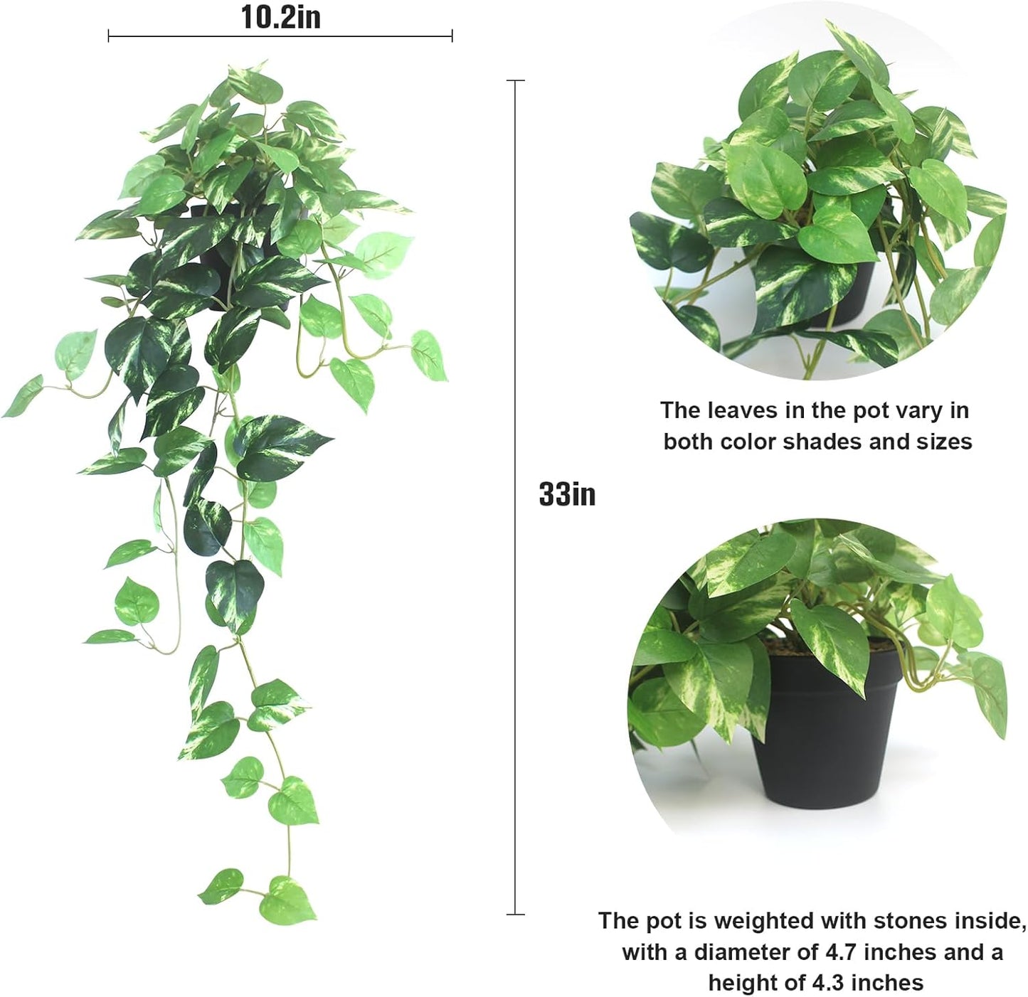 Fake Pothos Hanging Plants - Set of 2 Artificial Silk Ivy Vines with Pots, Realistic Faux Greenery for Indoor Home Decor, Low Maintenance Hanging Plant Decoration (Golden Green)