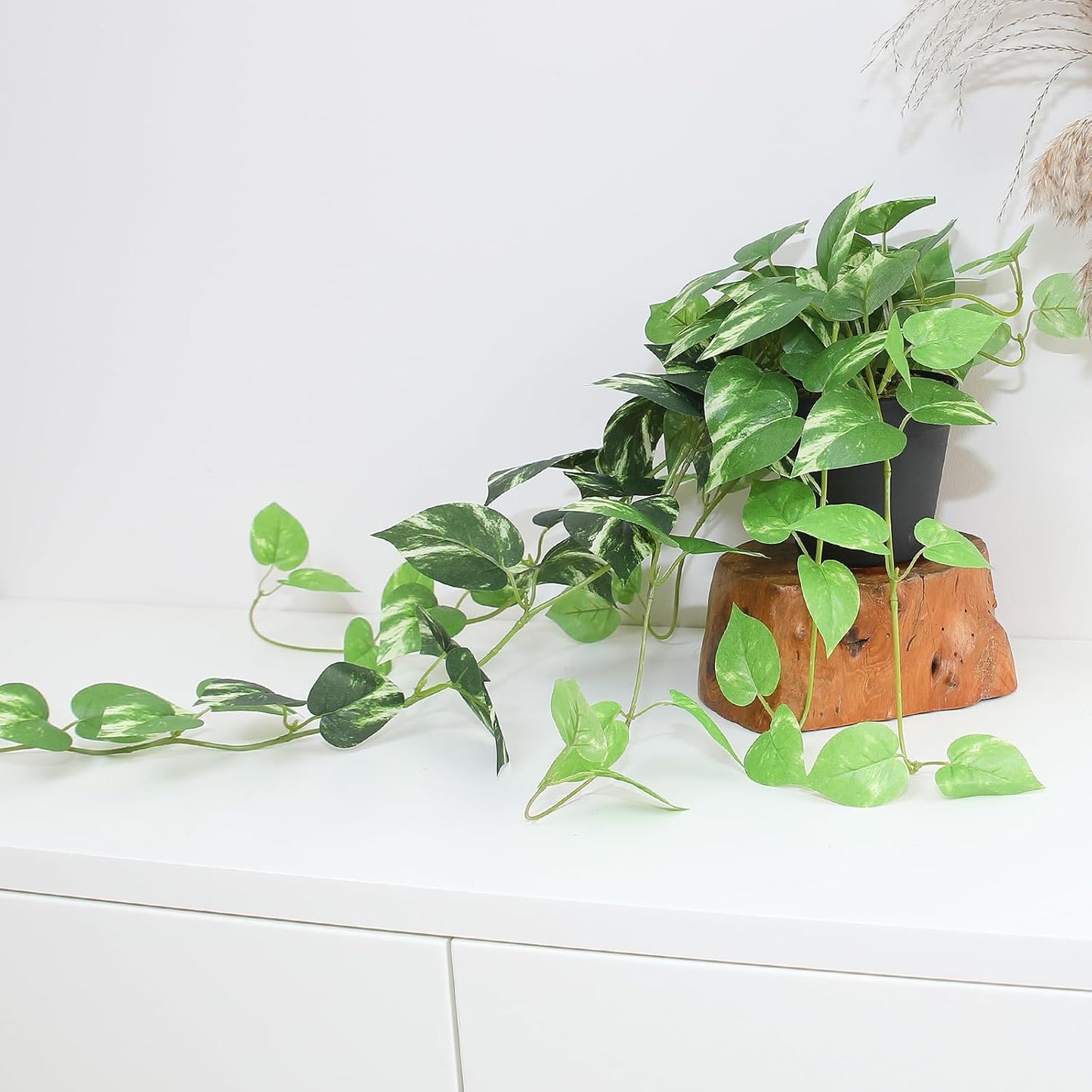 Fake Pothos Hanging Plants - Set of 2 Artificial Silk Ivy Vines with Pots, Realistic Faux Greenery for Indoor Home Decor, Low Maintenance Hanging Plant Decoration (Golden Green)