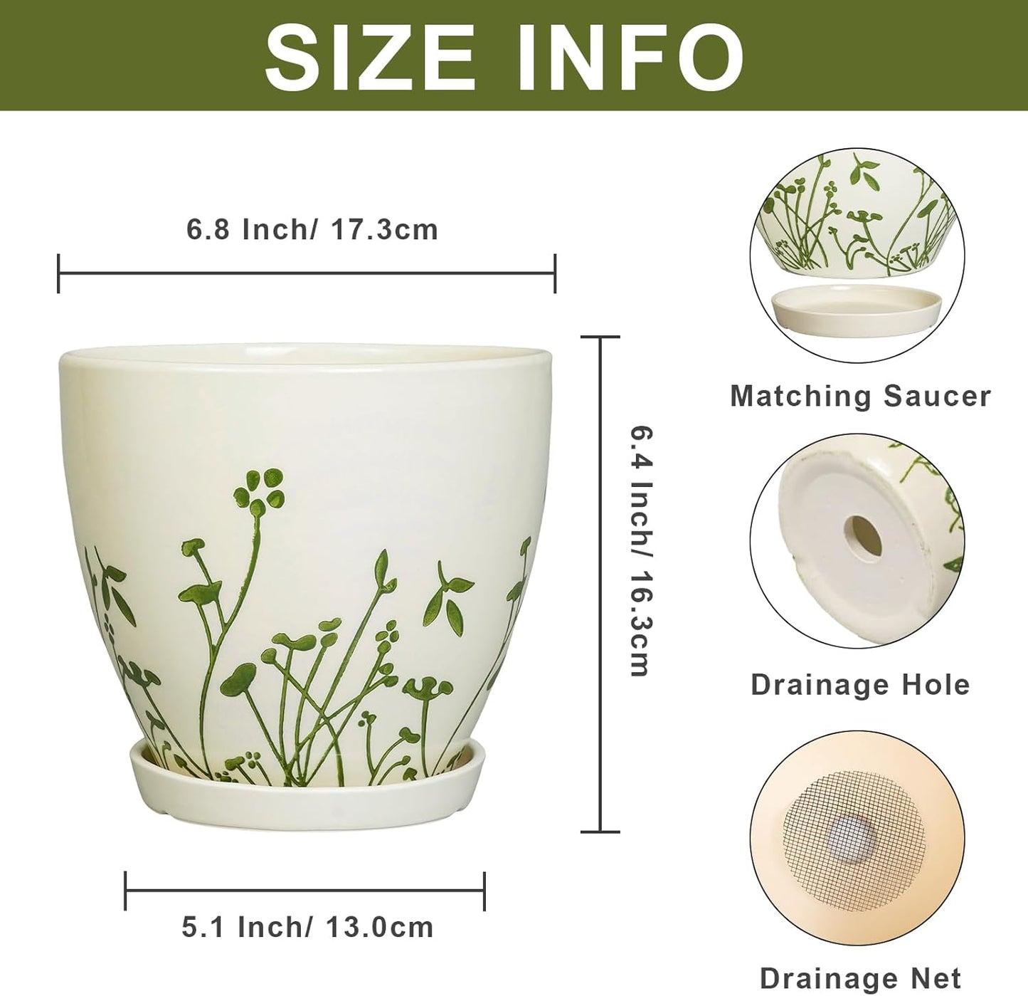 Ceramic Plant Pot 6.8 Inch - Indoor Flower Pot with Drainage Hole and Saucer, Decorative Boho Round Outdoor Indoor Planter, Plant Lover Gifts, Office Home Garden House Decor, White