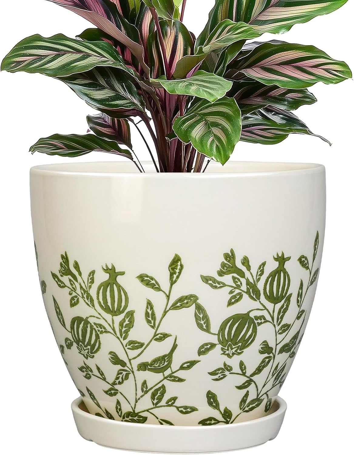 Ceramic Plant Pot 6.8 Inch - Indoor Flower Pot with Drainage Hole and Saucer, Decorative Boho Round Outdoor Indoor Planter, Plant Lover Gifts, Office Home Garden House Decor, White