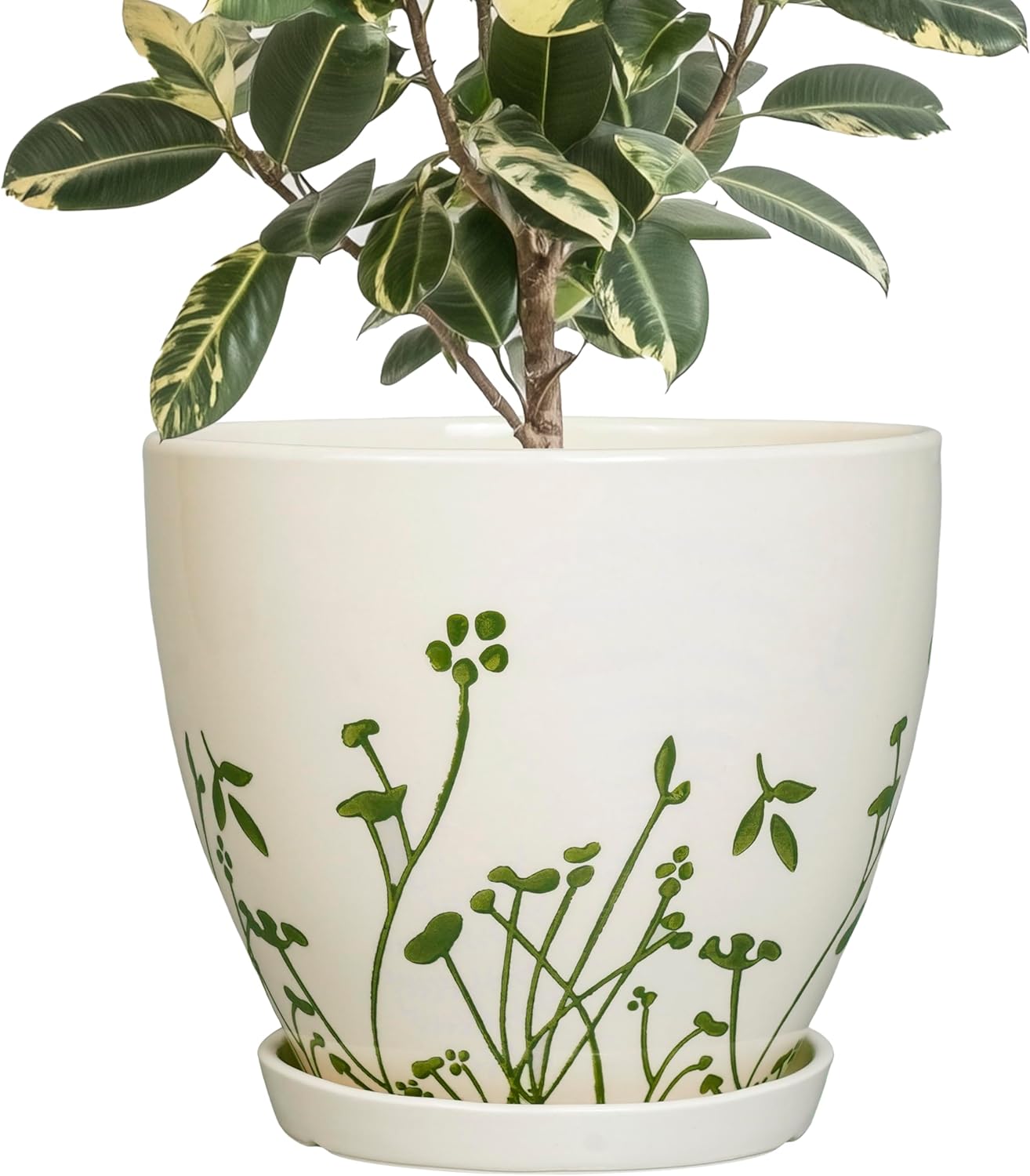 Ceramic Plant Pot 6.8 Inch - Indoor Flower Pot with Drainage Hole and Saucer, Decorative Boho Round Outdoor Indoor Planter, Plant Lover Gifts, Office Home Garden House Decor, White