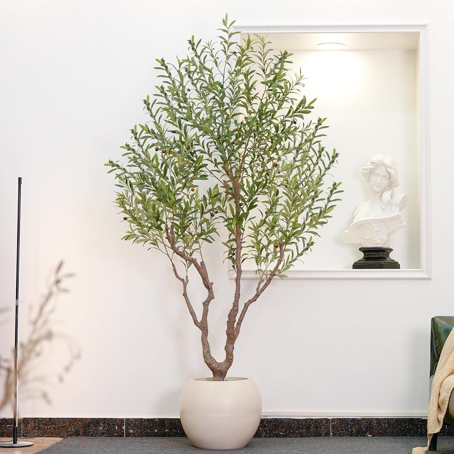 Olive Trees Artificial Indoor, 5FT Tall Faux Olive Tree with White Tall Planter, Artificial Plants with Natural Wood Trunk and Lifelike Fruits for Home Office Decor