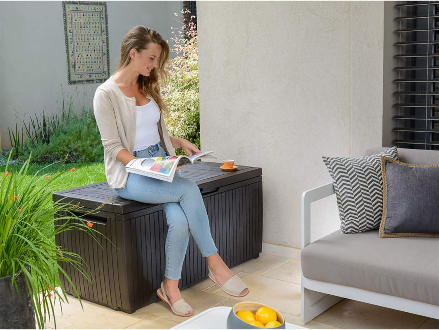 Keter Springwood 80 Gallon Resin Outdoor Storage Box for Patio Furniture Cushions, Pool Toys, and Garden Tools with Handles, Brown