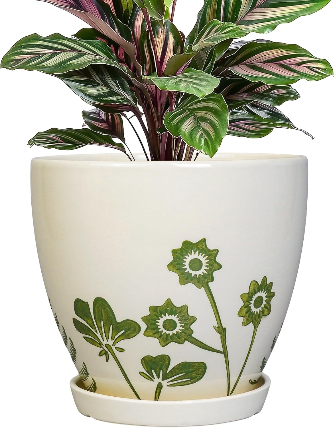 Ceramic Plant Pot 6.8 Inch - Indoor Flower Pot with Drainage Hole and Saucer, Decorative Boho Round Outdoor Indoor Planter, Plant Lover Gifts, Office Home Garden House Decor, White