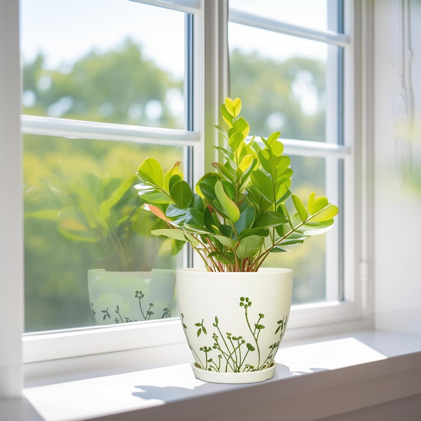 Ceramic Plant Pot 6.8 Inch - Indoor Flower Pot with Drainage Hole and Saucer, Decorative Boho Round Outdoor Indoor Planter, Plant Lover Gifts, Office Home Garden House Decor, White