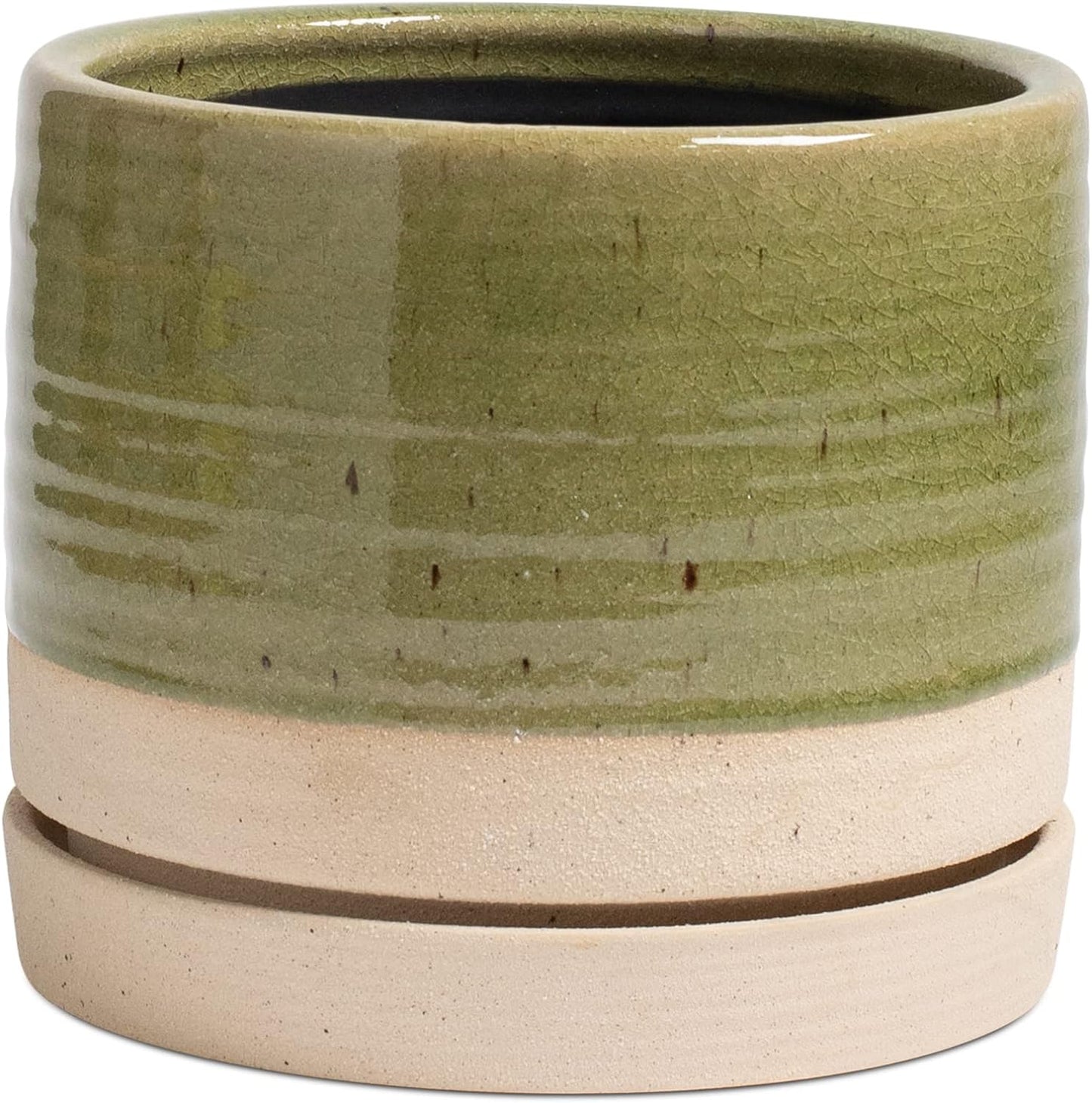 6 Inch Plant Pots, Ceramic Planter Pot with Drainage Hole & Saucer, Indoor/Outdoor Cylinder Round Planter Pot, Green & Beige