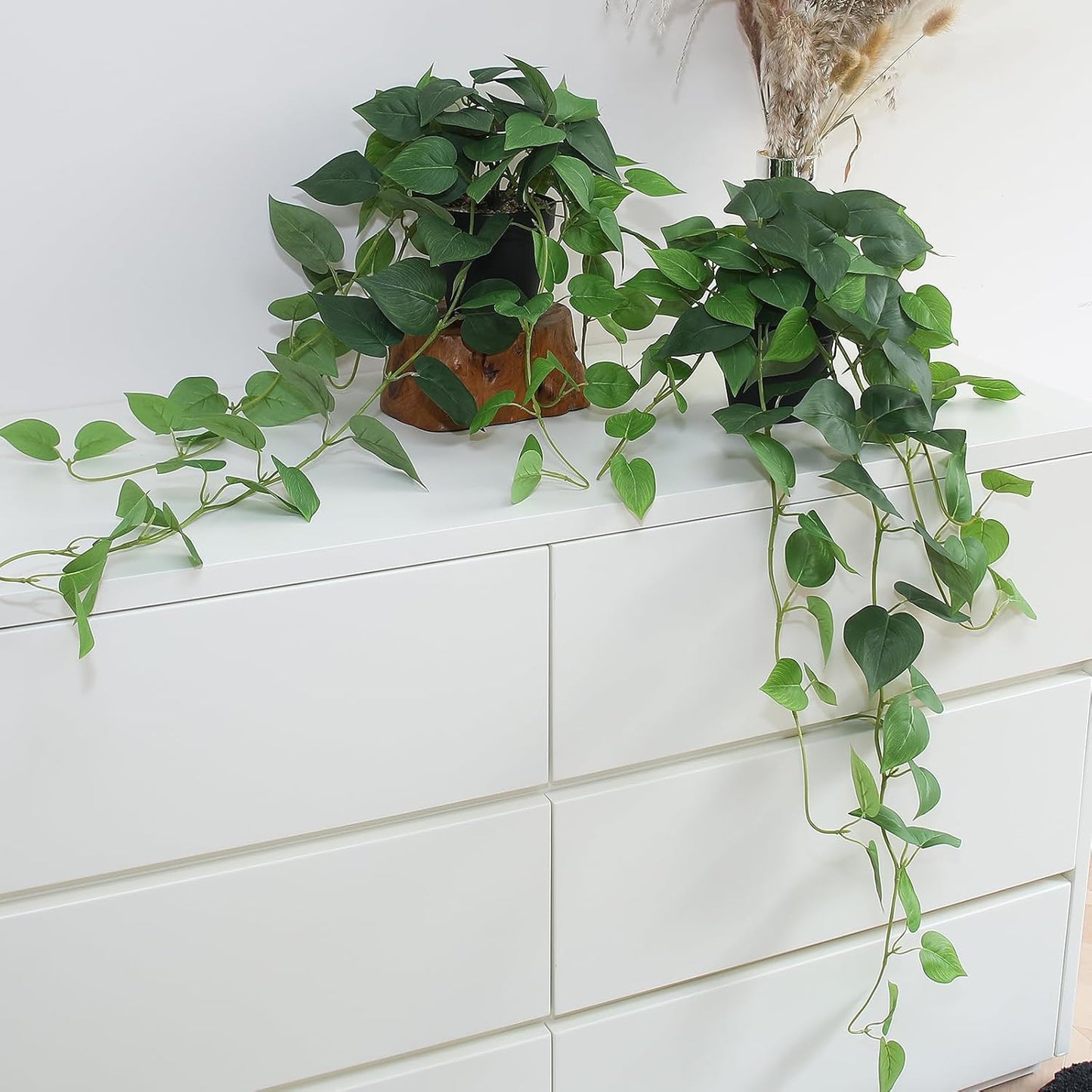 Fake Pothos Hanging Plants - Set of 2 Artificial Silk Ivy Vines with Pots, Realistic Faux Greenery for Indoor Home Decor, Low Maintenance Hanging Plant Decoration (Golden Green)