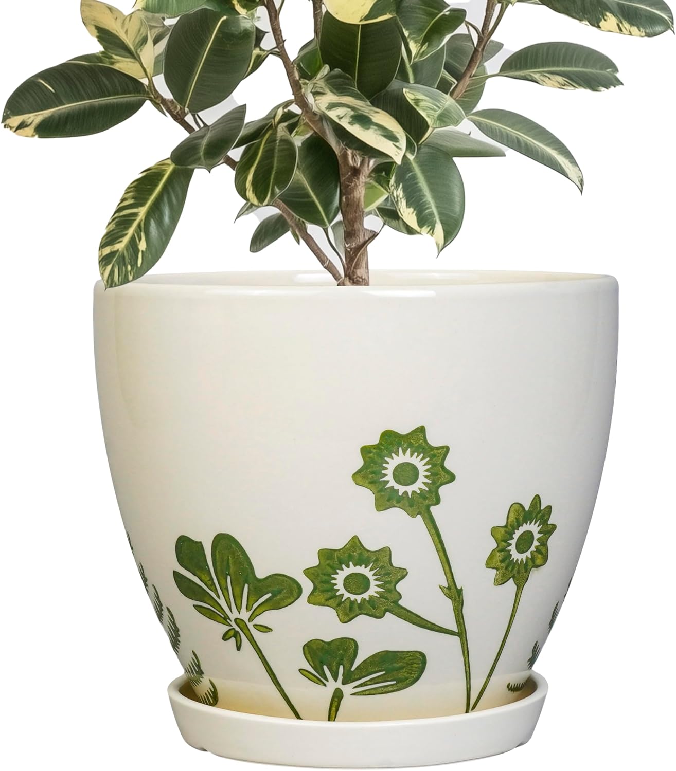 Ceramic Plant Pot 6.8 Inch - Indoor Flower Pot with Drainage Hole and Saucer, Decorative Boho Round Outdoor Indoor Planter, Plant Lover Gifts, Office Home Garden House Decor, White