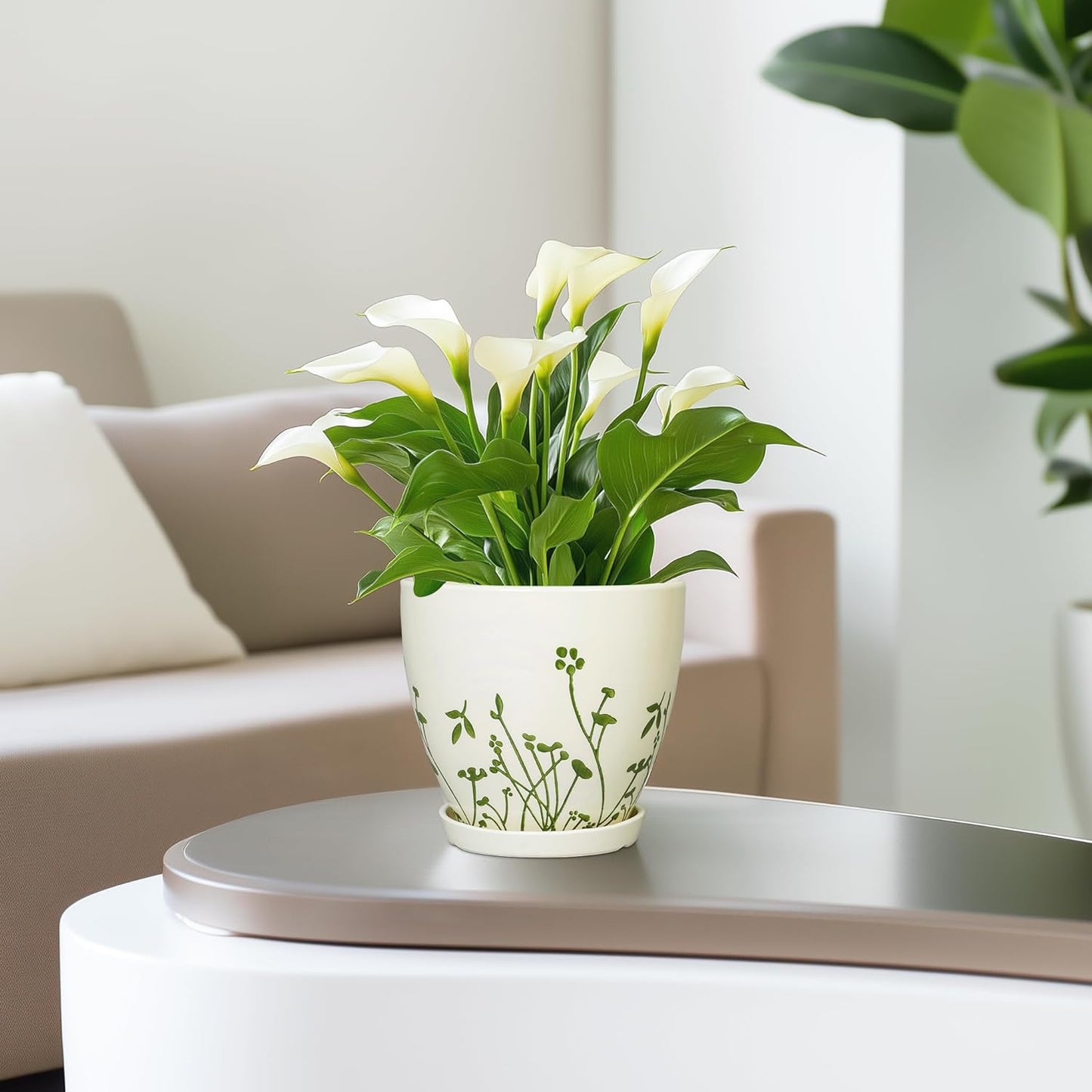 Ceramic Plant Pot 6.8 Inch - Indoor Flower Pot with Drainage Hole and Saucer, Decorative Boho Round Outdoor Indoor Planter, Plant Lover Gifts, Office Home Garden House Decor, White