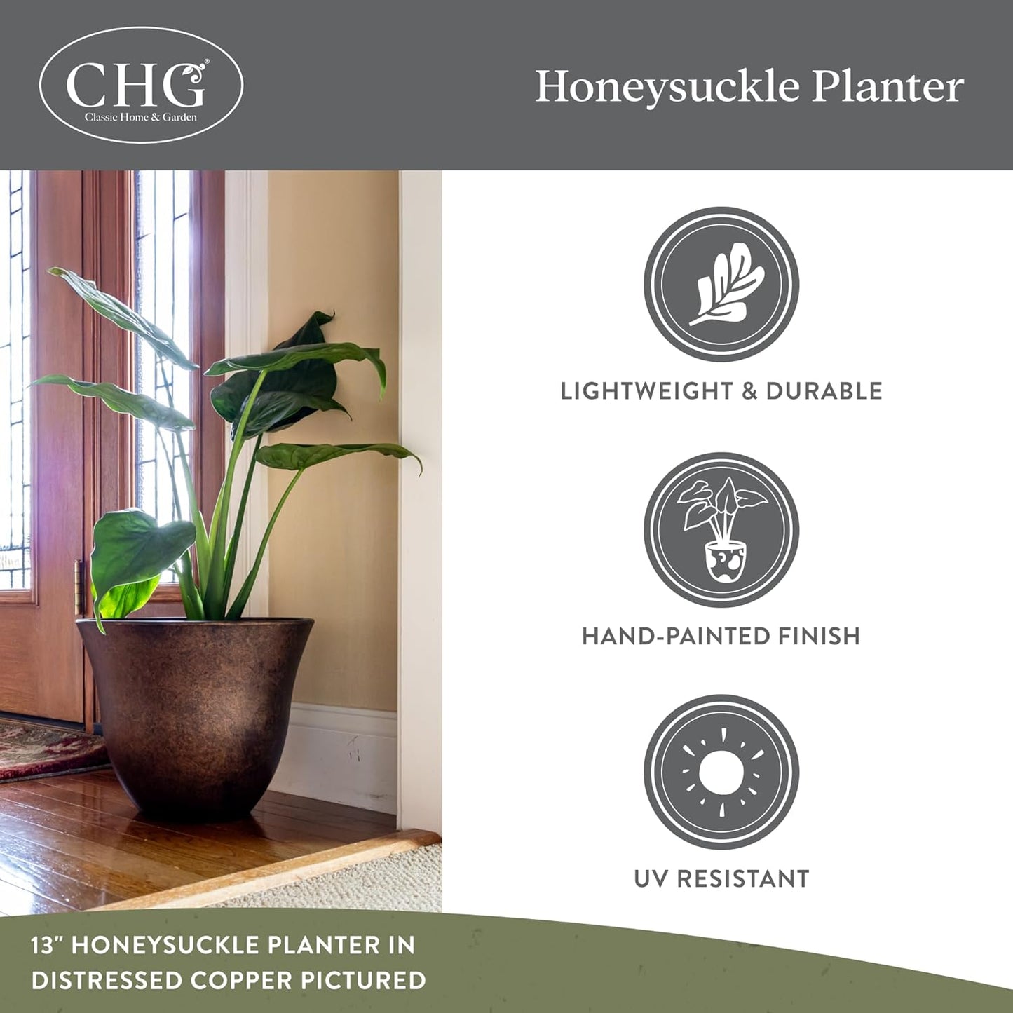 Classic Home and Garden Honeysuckle Resin Planters - Lightweight Indoor & Outdoor Plant Pots - UV-Resistant Plastic Flower Pots - Pot Planters for Flowers & Herbs (13" Ocean Blue)