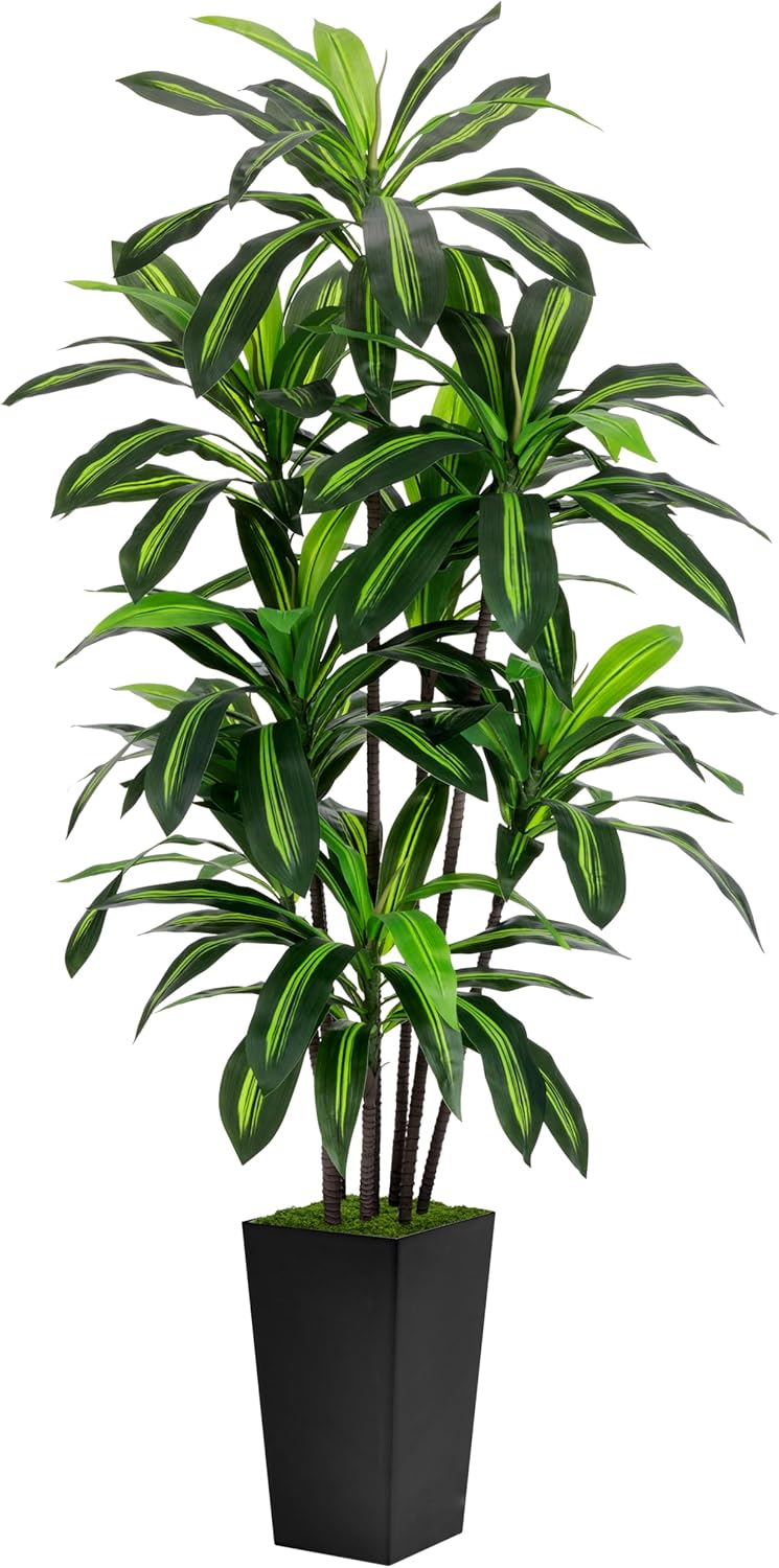 Artificial Dracaena Plant Indoor 5FT - Fake Tree with White Tall Planter - Faux Yucca Tall Fake Floor Plant in Pot - Artificial Trees for Home Office Living Room Decor Indoor