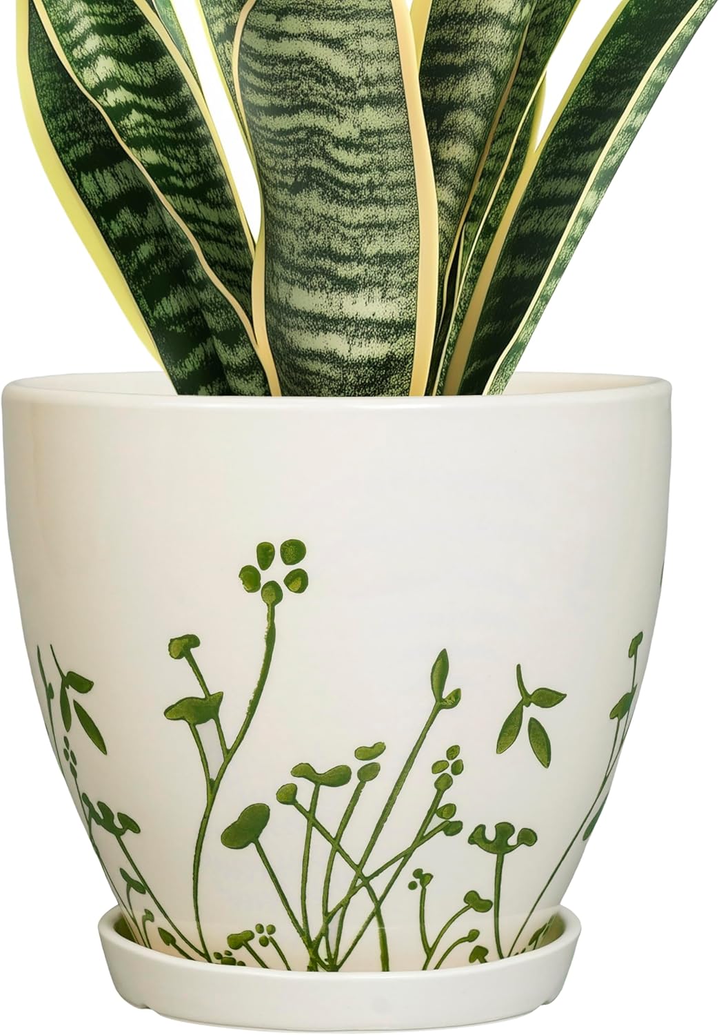 Ceramic Plant Pot 6.8 Inch - Indoor Flower Pot with Drainage Hole and Saucer, Decorative Boho Round Outdoor Indoor Planter, Plant Lover Gifts, Office Home Garden House Decor, White