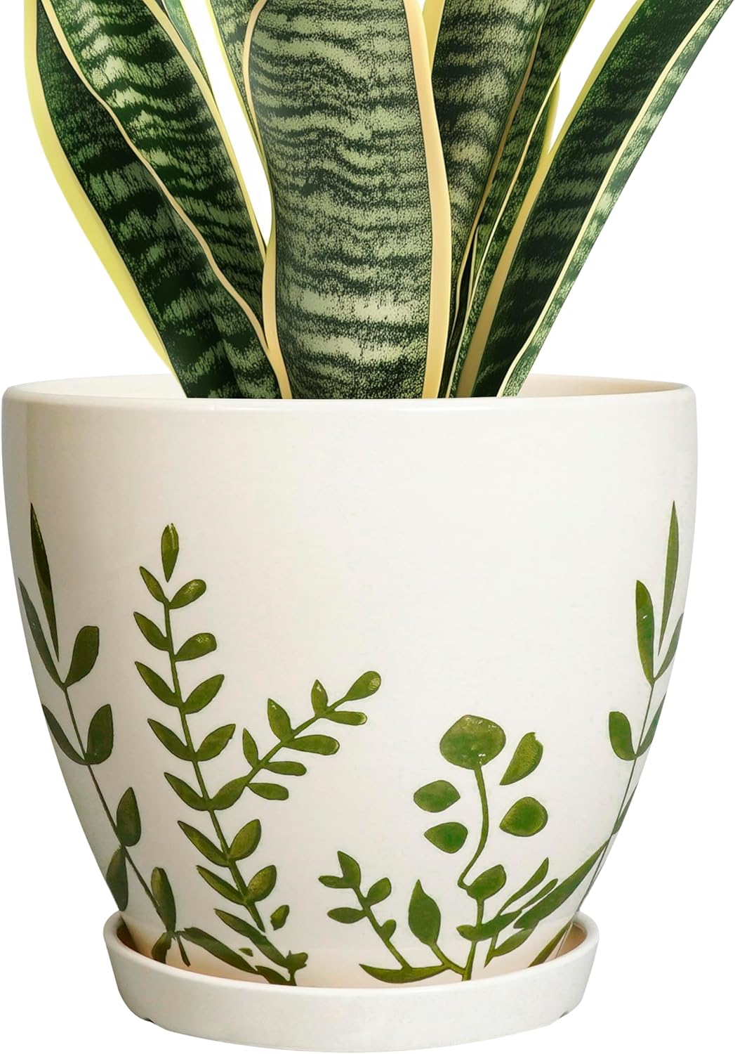 Ceramic Plant Pot 6.8 Inch - Indoor Flower Pot with Drainage Hole and Saucer, Decorative Boho Round Outdoor Indoor Planter, Plant Lover Gifts, Office Home Garden House Decor, White