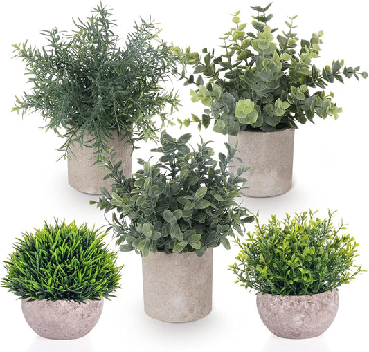 Lemonfilter Fake Plants 5 Pack Mini Faux Artificial Eucalyptus Greenery Plastic Small Green Grass Potted Plants for Office Balcony Shelf Desk House Bathroom Farmhouse Room Coffee Table Decor Indoor