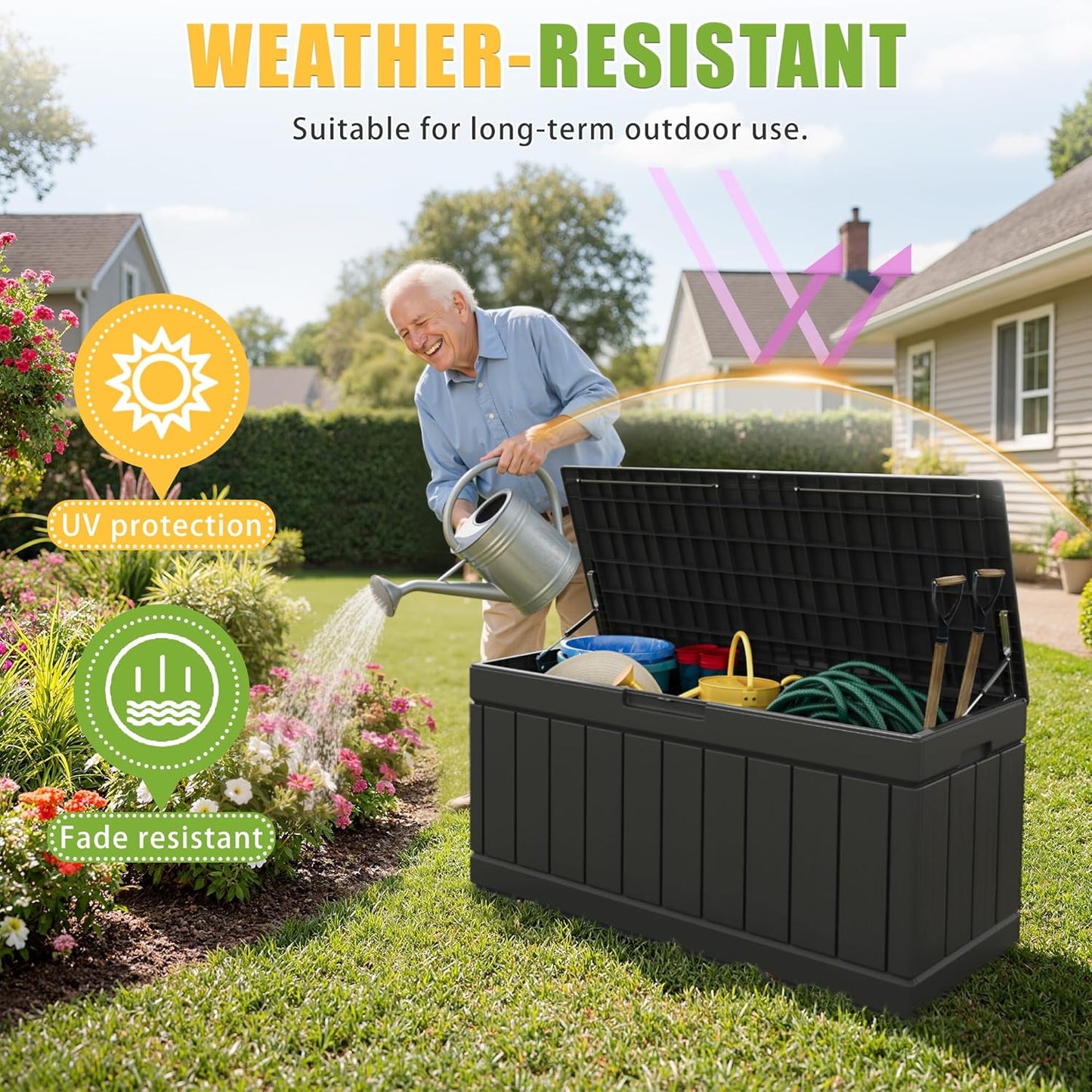 Greesum 82 Gallon Resin Deck Box Large Outdoor Storage for Patio Furniture, Garden Tools, Pool Supplies, Weatherproof and UV Resistant, Lockable, Black