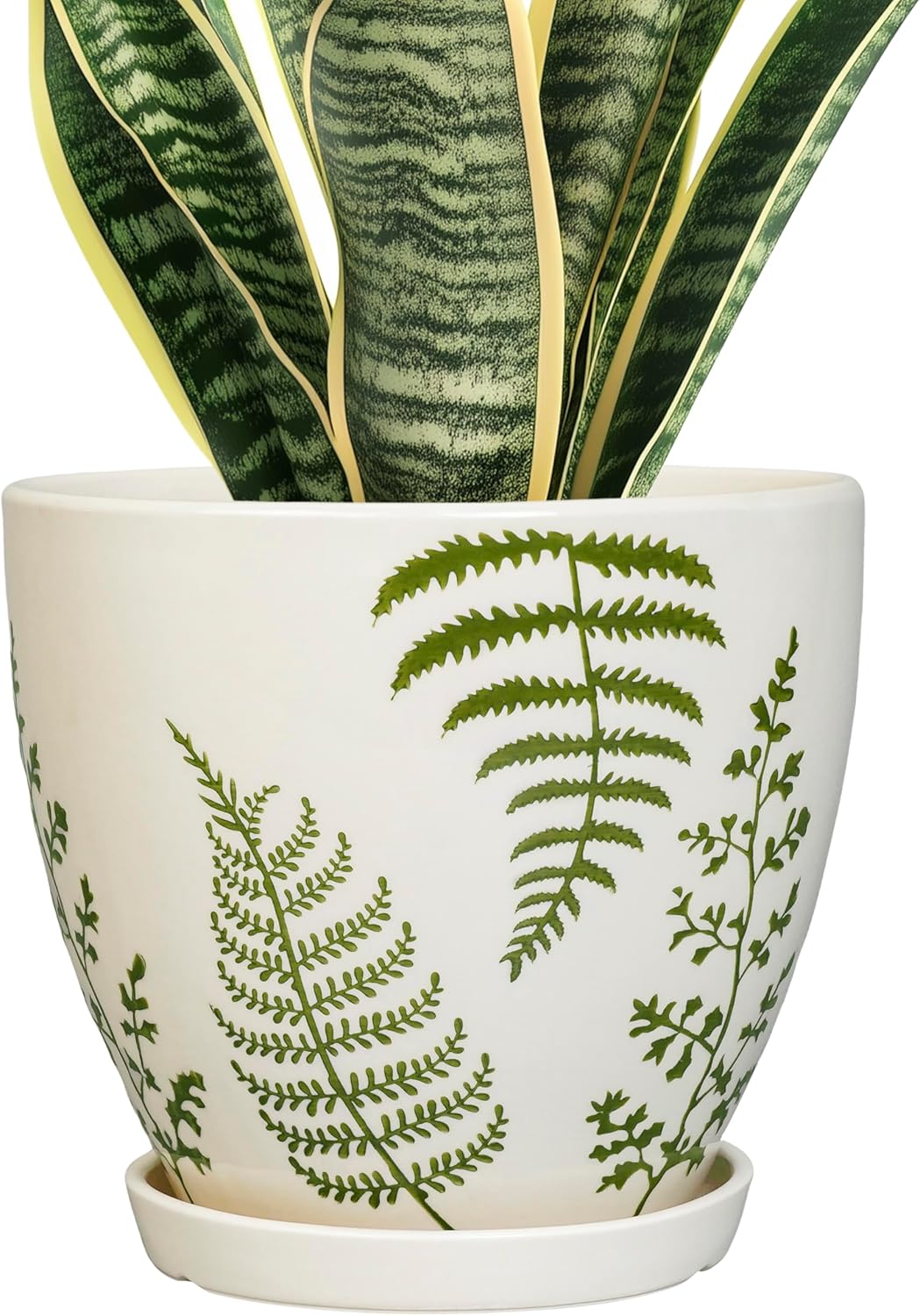 Ceramic Plant Pot 6.8 Inch - Indoor Flower Pot with Drainage Hole and Saucer, Decorative Boho Round Outdoor Indoor Planter, Plant Lover Gifts, Office Home Garden House Decor, White