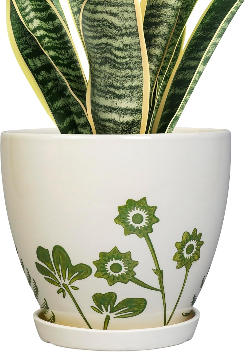 Ceramic Plant Pot 6.8 Inch - Indoor Flower Pot with Drainage Hole and Saucer, Decorative Boho Round Outdoor Indoor Planter, Plant Lover Gifts, Office Home Garden House Decor, White