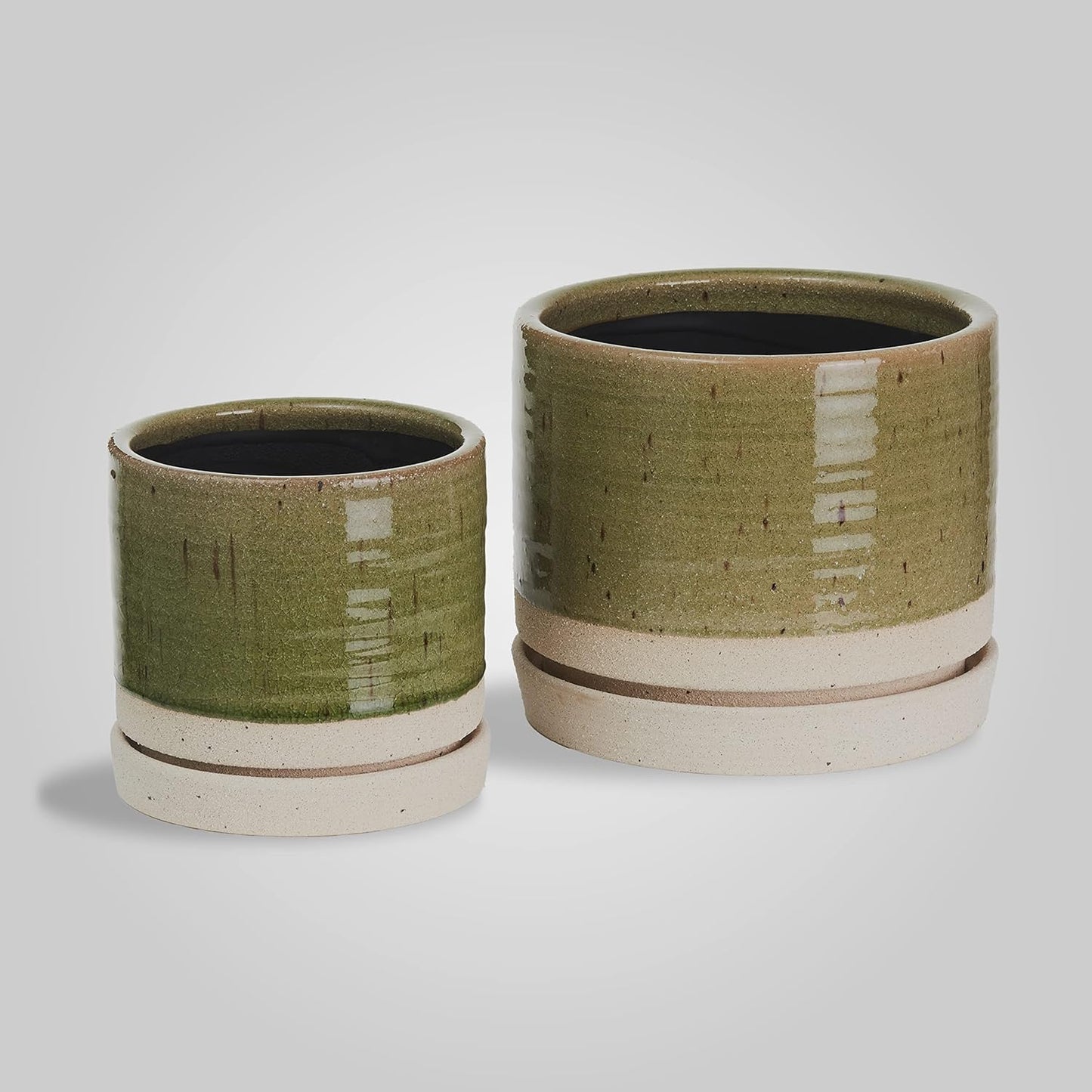 6 Inch Plant Pots, Ceramic Planter Pot with Drainage Hole & Saucer, Indoor/Outdoor Cylinder Round Planter Pot, Green & Beige