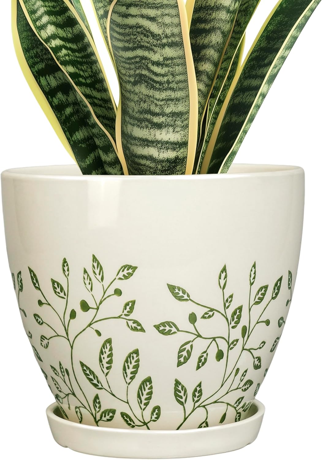 Ceramic Plant Pot 6.8 Inch - Indoor Flower Pot with Drainage Hole and Saucer, Decorative Boho Round Outdoor Indoor Planter, Plant Lover Gifts, Office Home Garden House Decor, White