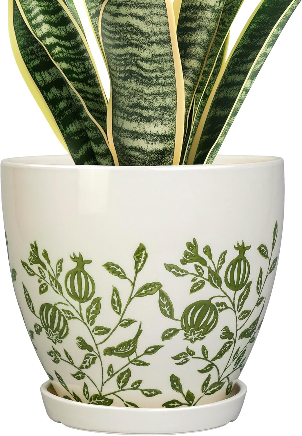 Ceramic Plant Pot 6.8 Inch - Indoor Flower Pot with Drainage Hole and Saucer, Decorative Boho Round Outdoor Indoor Planter, Plant Lover Gifts, Office Home Garden House Decor, White