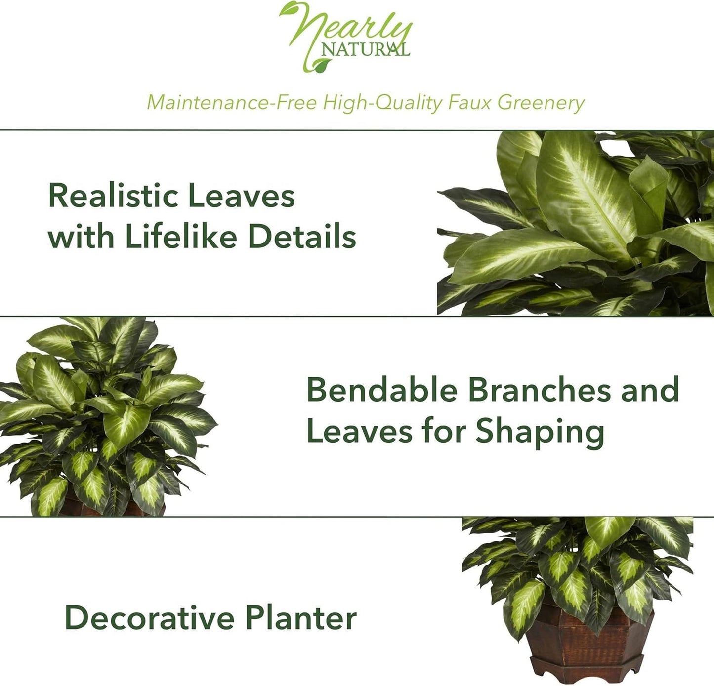 Nearly Natural 6639 24in. Golden Dieffenbachia Silk Plant, Green