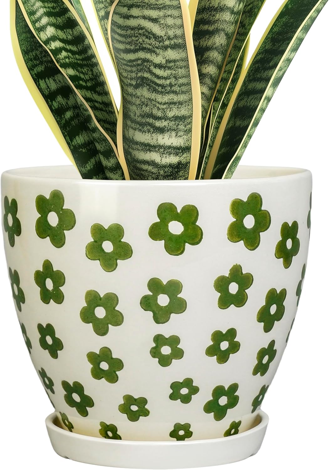 Ceramic Plant Pot 6.8 Inch - Indoor Flower Pot with Drainage Hole and Saucer, Decorative Boho Round Outdoor Indoor Planter, Plant Lover Gifts, Office Home Garden House Decor, White