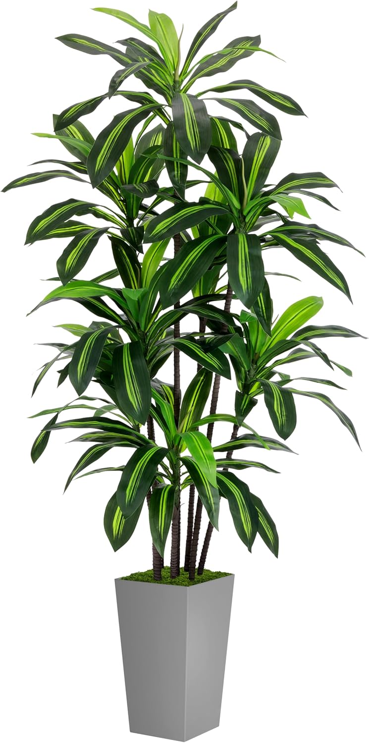 Artificial Dracaena Plant Indoor 5FT - Fake Tree with White Tall Planter - Faux Yucca Tall Fake Floor Plant in Pot - Artificial Trees for Home Office Living Room Decor Indoor