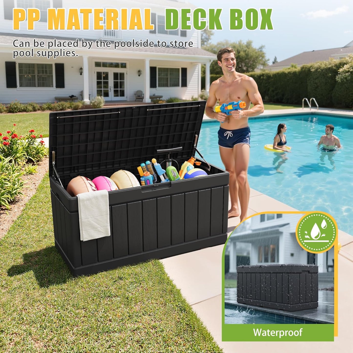 Greesum 82 Gallon Resin Deck Box Large Outdoor Storage for Patio Furniture, Garden Tools, Pool Supplies, Weatherproof and UV Resistant, Lockable, Black