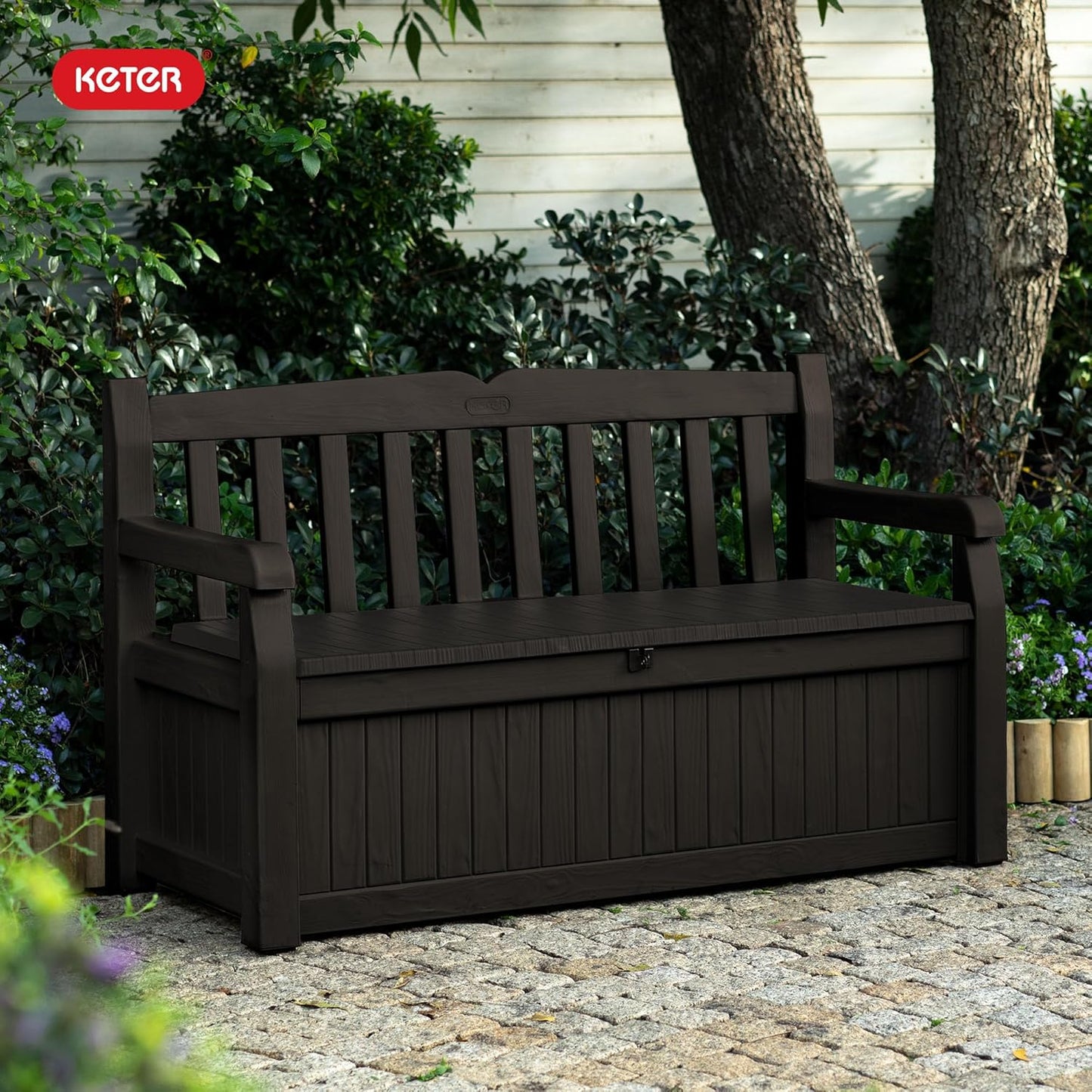 Keter Solana 70 Gallon Storage Bench Deck Box for Patio Furniture, Front Porch Decor and Outdoor Seating – Perfect to Store Garden Tools, Brown/Brown