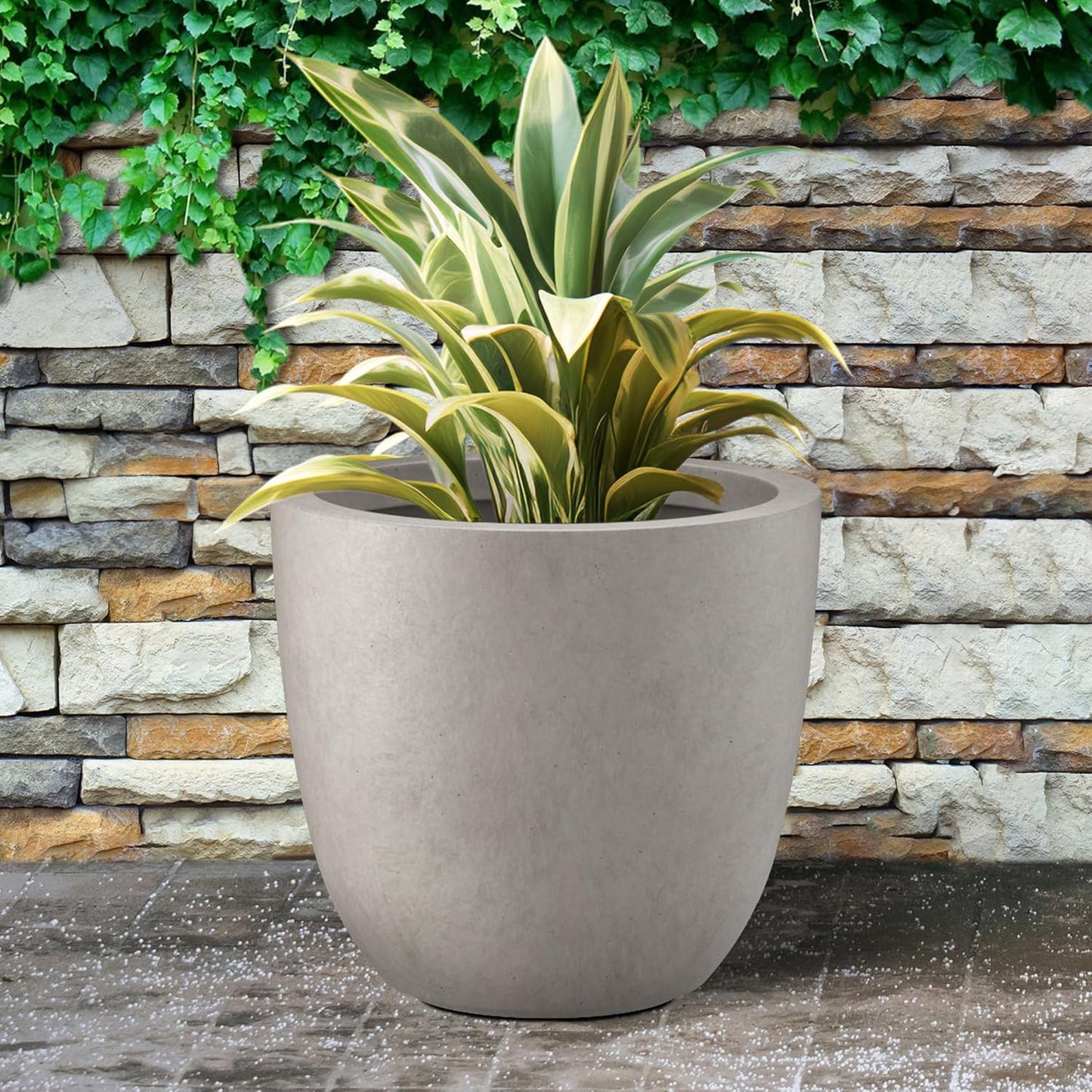 Kante 18 Inch Dia Round Concrete Planter, Indoor Outdoor Large Plant Pot with Drainage Hole and Rubber Plug for Home Patio Garden, Weathered Concrete